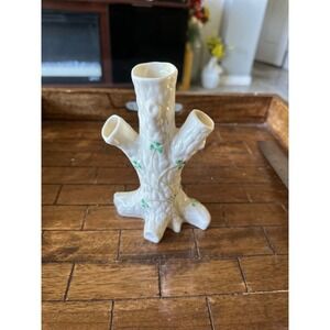 Belleek Irish Parian China Tree Trunk Bud Vase Shamrock 3 Spout Cream Porcelain